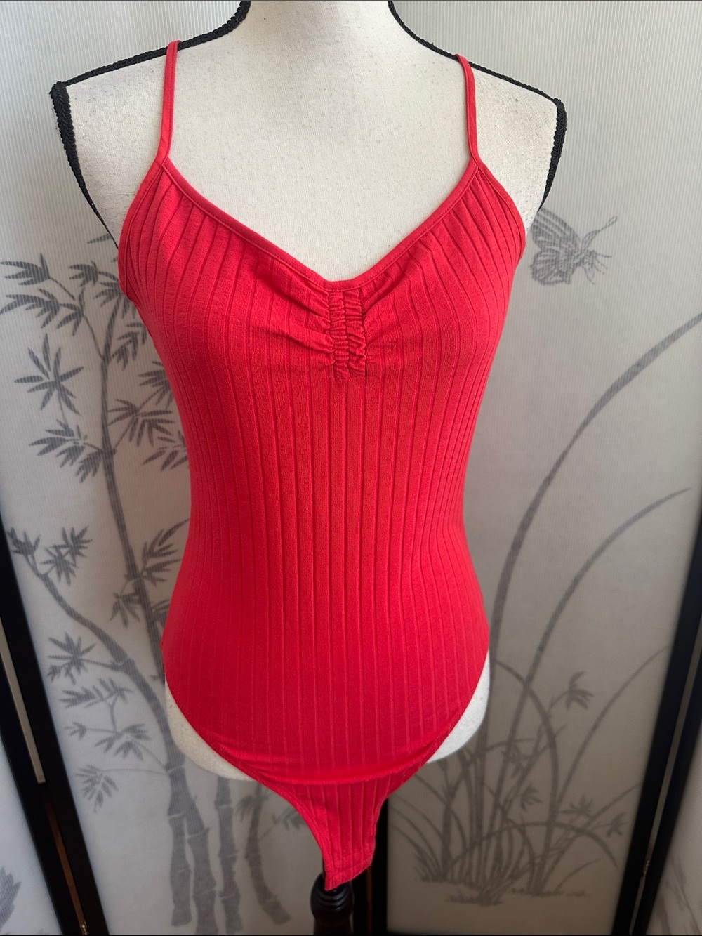 Zara Red Ribbed Spaghetti Strap Bodysuit